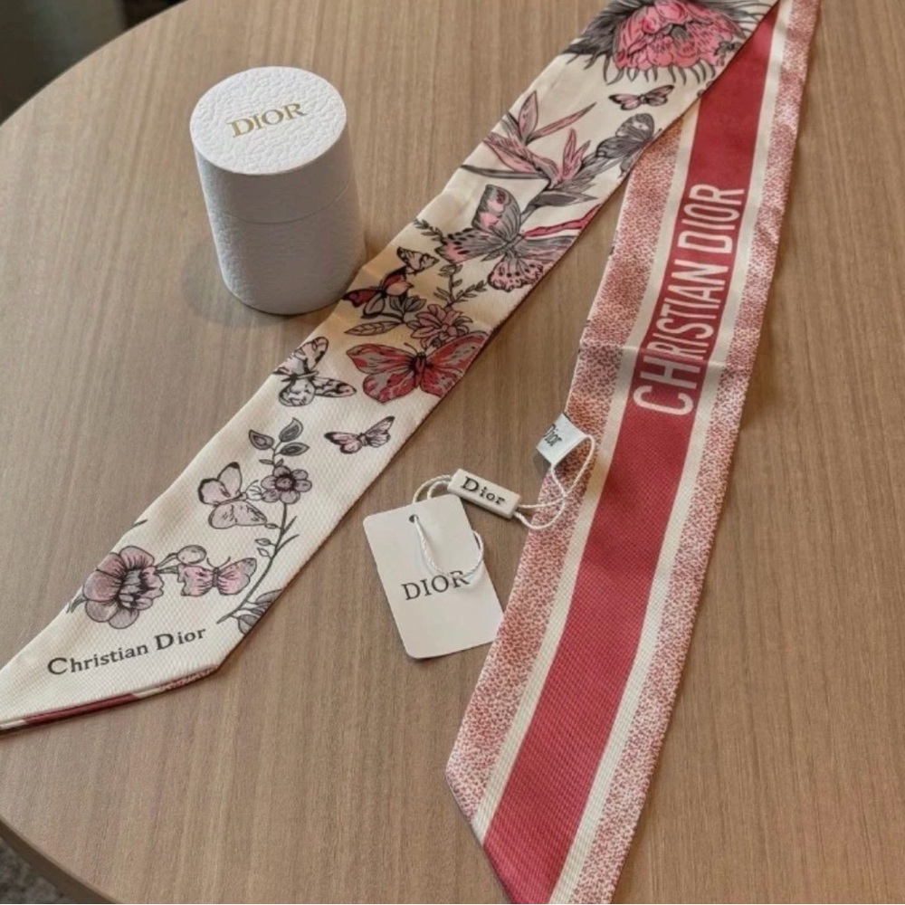 Dior Pink and Cream Floral Silk Twilly